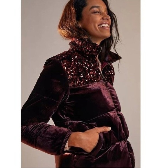 Anthropology Maeve Vera velvet burgundy sequins puffer jacket size medium - Picture 1 of 14